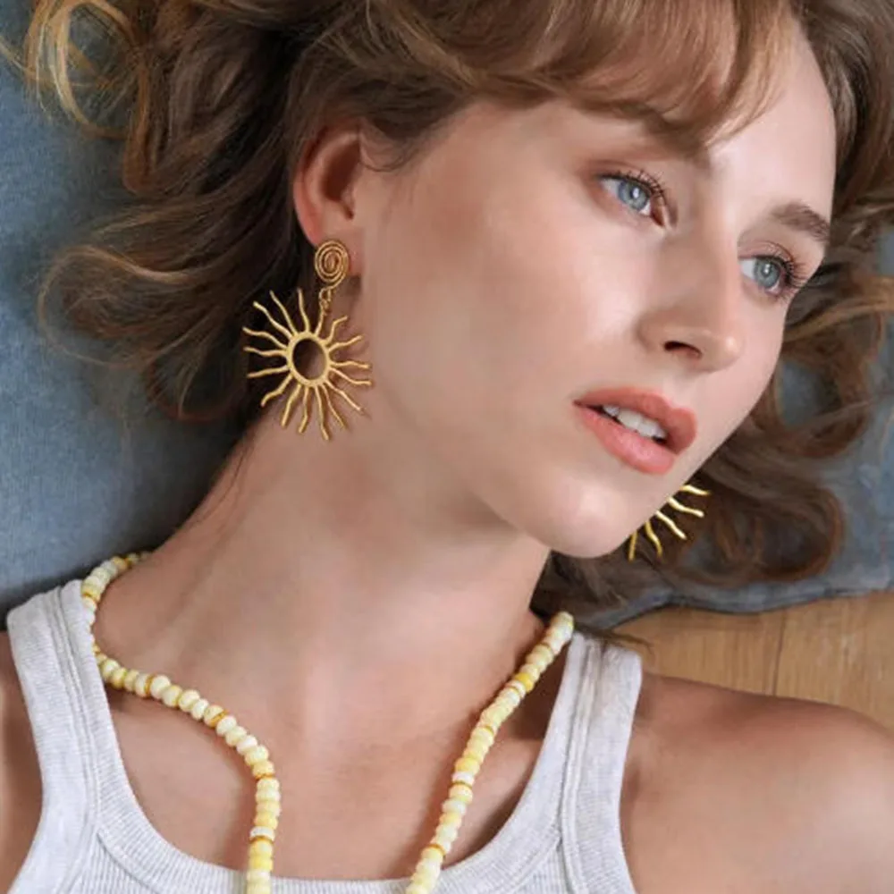 Golden Sun Shaped Earrings, Large Starry Bohemian Style Jewelry, Sun Radiance Spiral Goddess Earrings, Perfect Gift