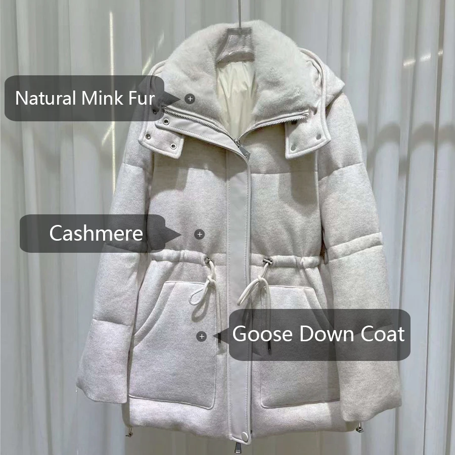 Real Fur Puffer With Hood Goose Down Fur Jacket Coat Luxury Short Cashmere Mink Goose Down Coat