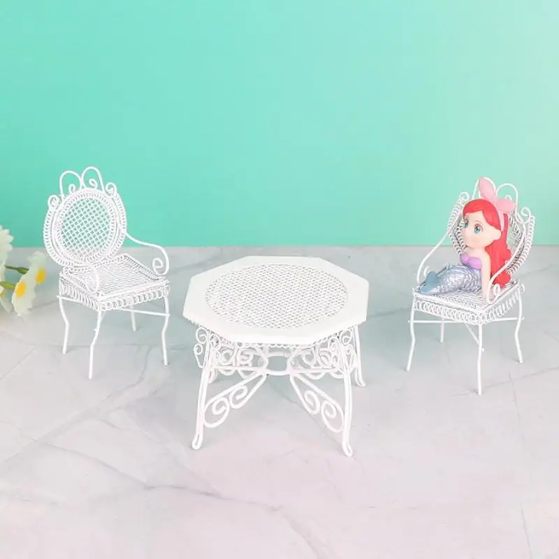 3Pcs Simulation Mini Iron Octagonal Table And Chair Model 1/12 Dollhouse Miniature Furniture Set Pretend Play Toy For Kids