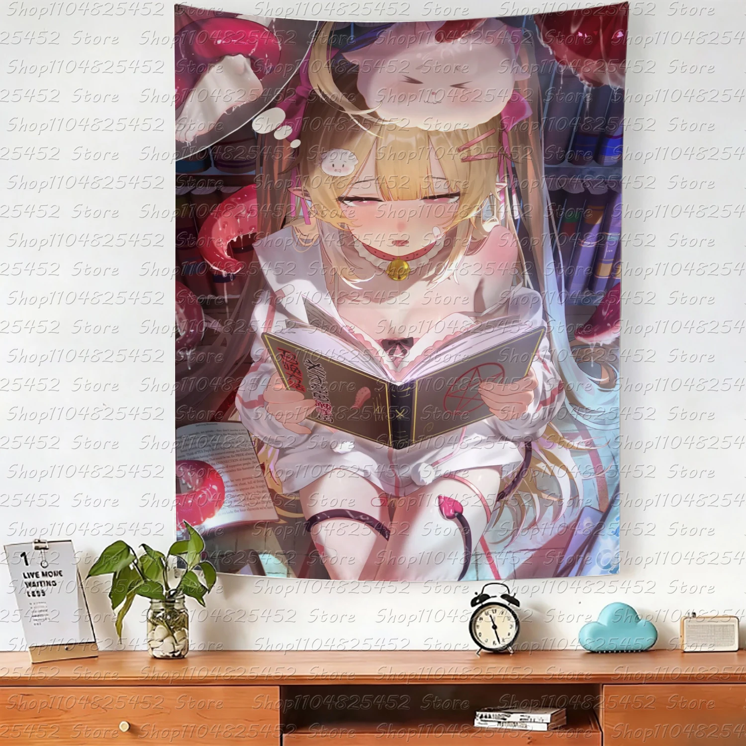 Kawaii Blonde Anime Girl Tapestry, Demon Witch Magic Book Wall Hanging, Pastel Aesthetic Background Cloth for Bedroom Dorm