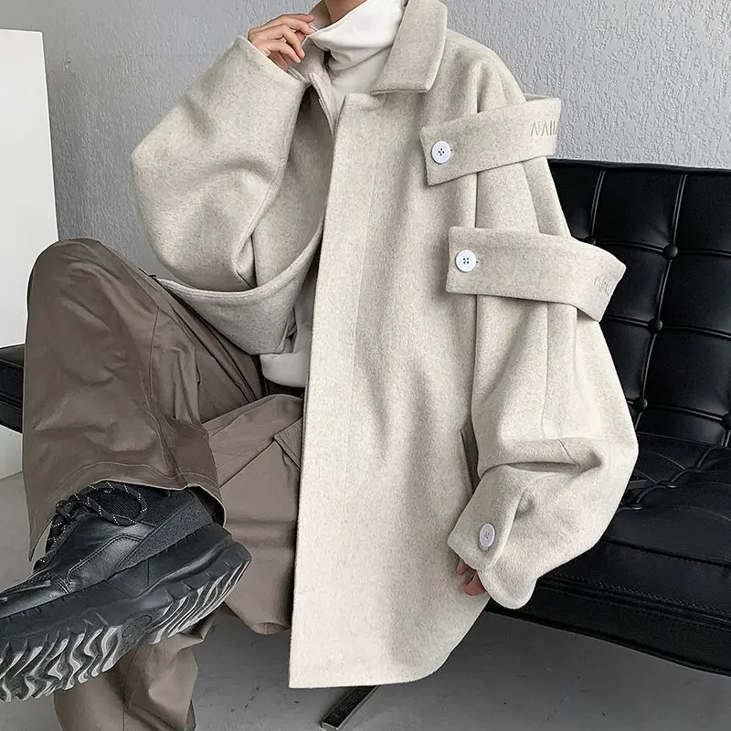 

Streetwear Woolen Coat Men'S Women 2023 Autumn Winter Minority Lapel Jacket American Retro Loose Casual Asymmetrical Jacket