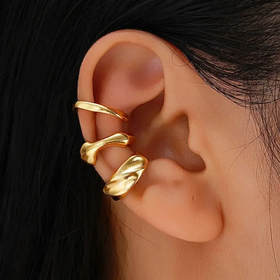 3pcs Set Modern Molten Ear Cuff Set Gold Liquid Metal Fake Piercing Irregular Helix Cartilage Clip Chunky Jewelry Kit for Women