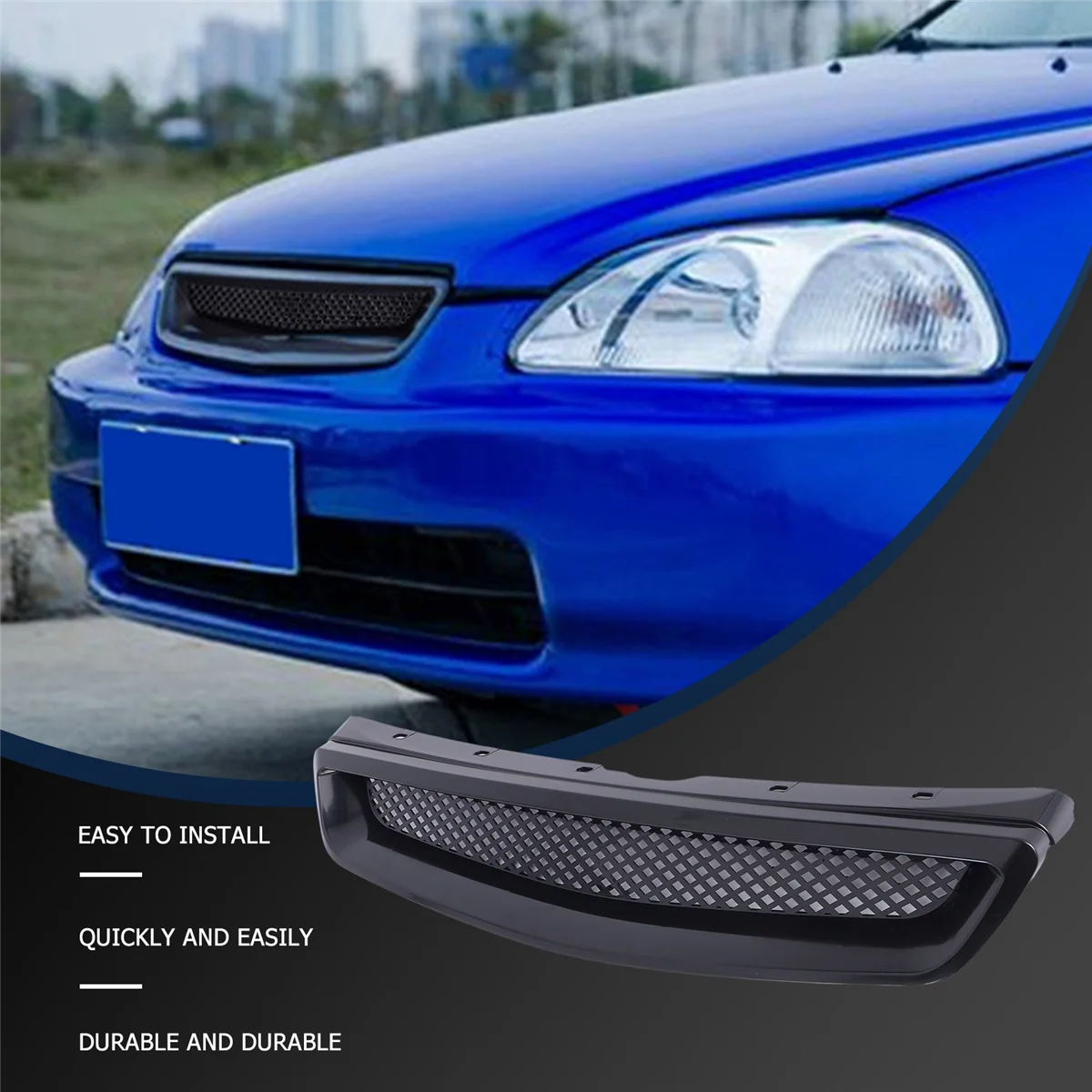 EK T-R Style Front Bumper Hood Mesh Grill Racing Grille for Honda Civic EK CX DX EX HX LX Type R 1999-2000 Glossy Black