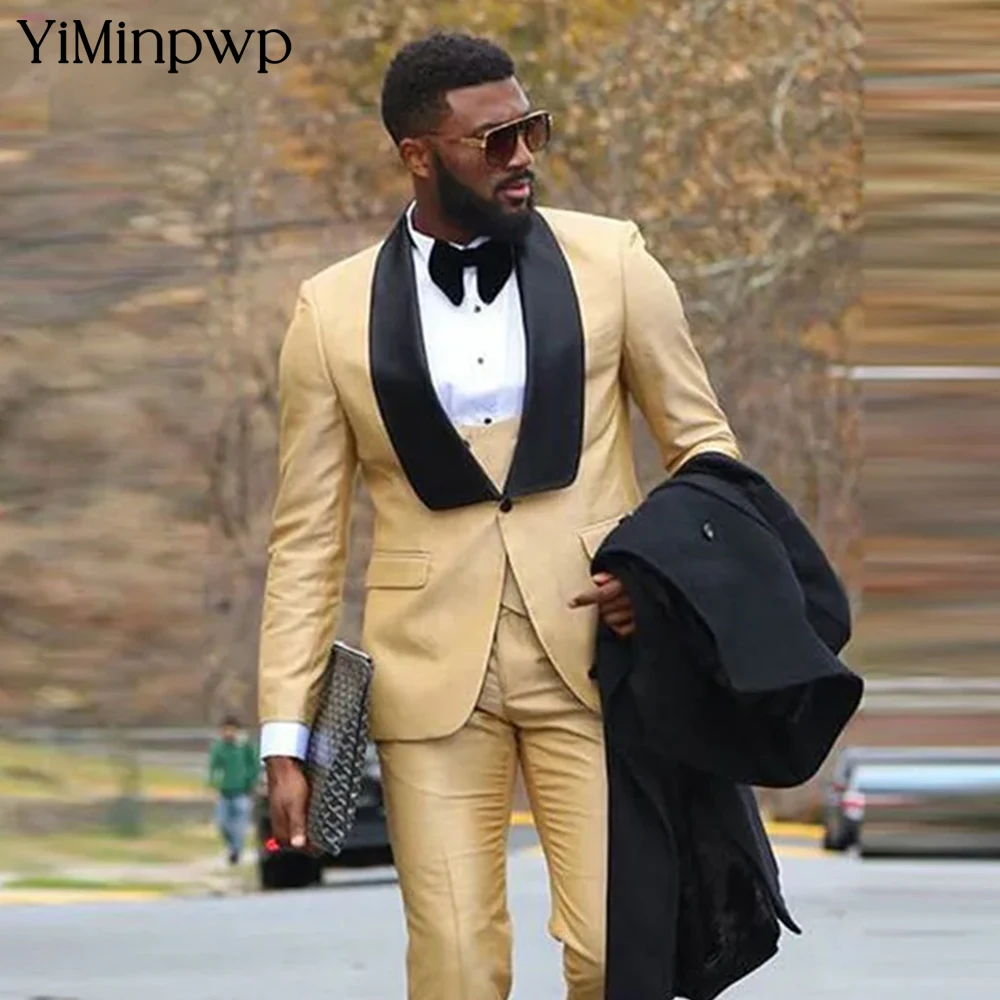 

YiMinpwp Gold Solid Suits for Men Party Slim Wedding Tuxedos Fashion Mens Blazer Vest Pants 3 Pieces Foraml Business Suits Sets