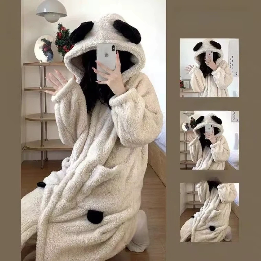 

Women's Cute Warm Winter Coral Fleece Pajamas - Ins Viral Outerwear Flannel Robe Long Cartoon Loungewear