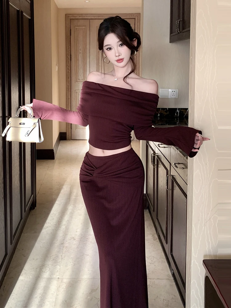 

Женский вязаный комплект из двух предметов, юбка с вырезом на одно плечо, футболка с высокой талией и складками, облегающая юбка-русалка, черное вечернее платье