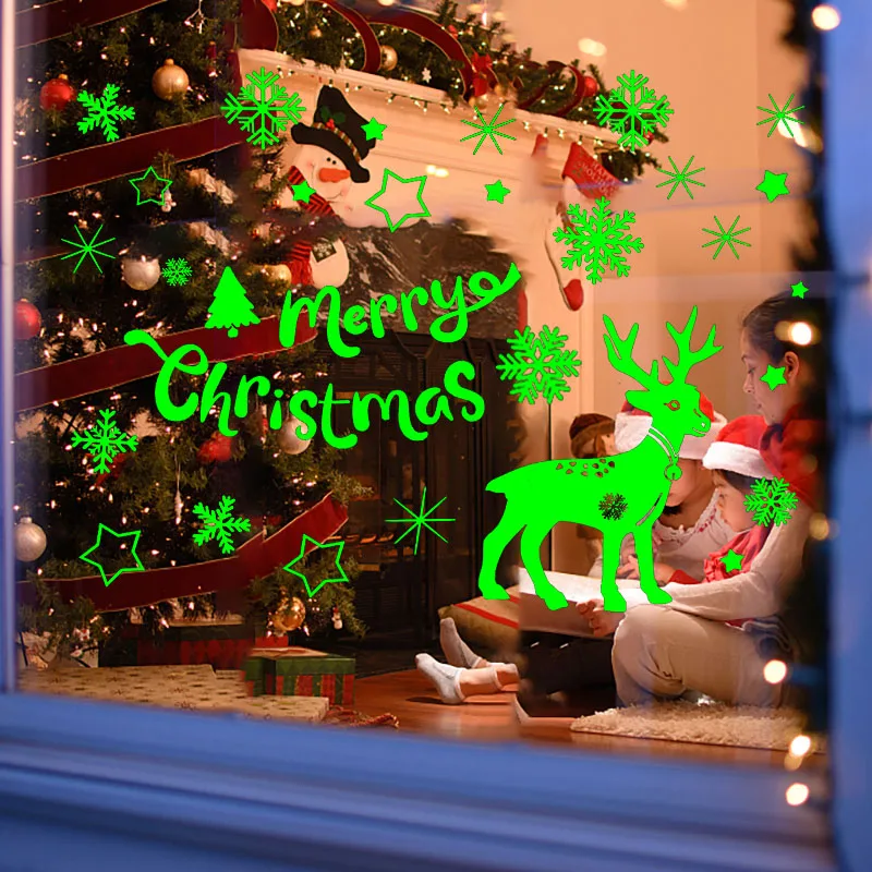 2pcs Marry Christmas Luminous Snowflake Wall Stickers Glow In The Dark Decal Window Glass Stickers For Home Xmas New Year 2023