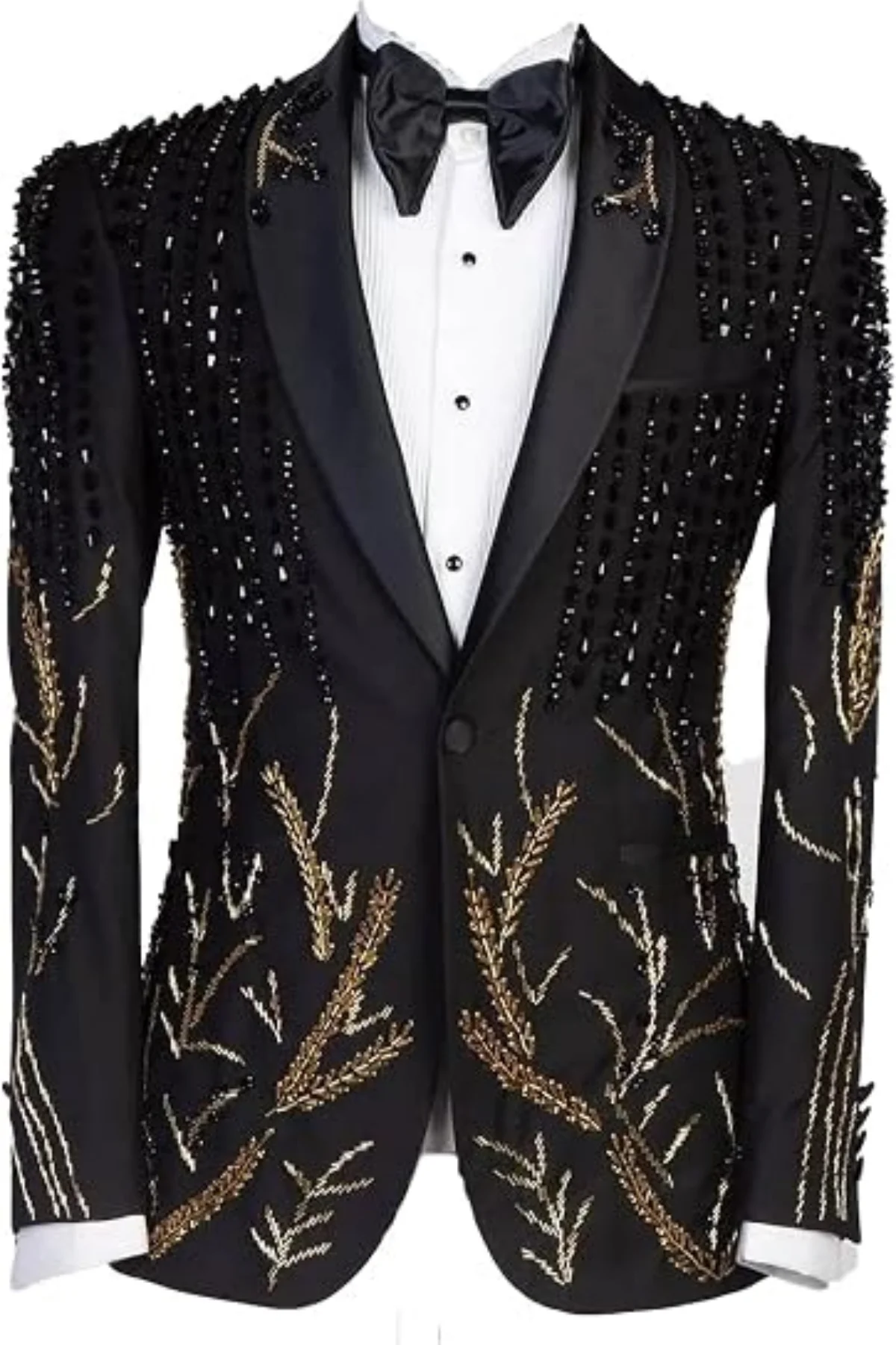 High-end Shiny Gold Leaf Embroidery Beaded Men Suits Customized Slim Fit Shawl Lapel Groom Wedding Tuxedos 2Pcs Sets Ropa Hombre