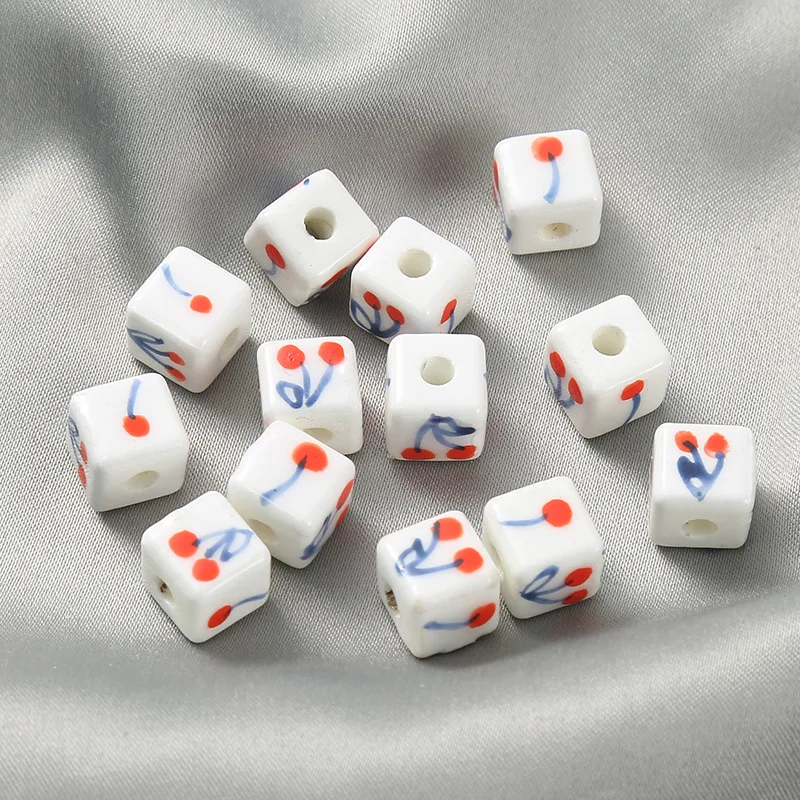 10PCS Hand Drawn Cherry Block Ceramics Beads Loose Spacer Beads For Jewelry Making DIY Bracelet Necklace Accessories