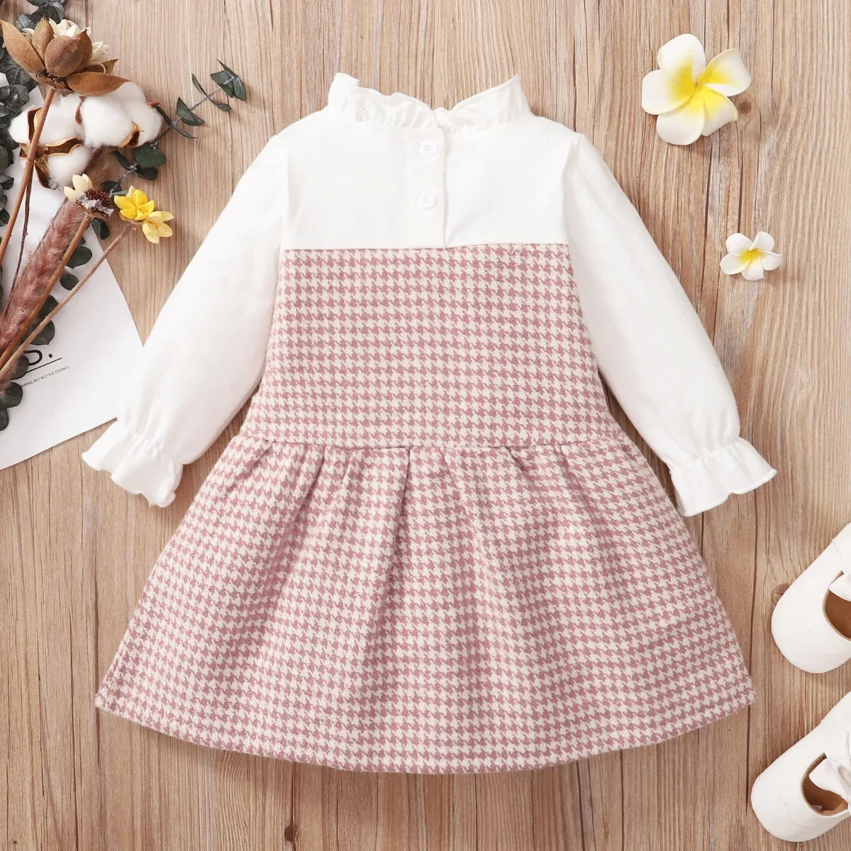 PatPat Frilly Collar Long-sleeve Splicing Pink Baby Faux-two Houndstooth Dress Perfect for Outings and Daily Wear