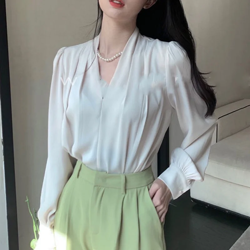 2024 New Summer Elegant Fashion Solid Color Bohemian Office Lady Women\'s Shirt Irregular Striped Deep V Neck Long Sleeve Tops