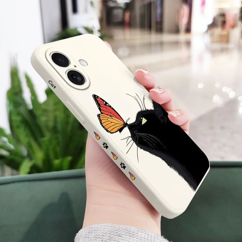 Butterfly Black Cat Phone Case For iPhone 16 15 14 13 12 11 X XR XS Plus Pro Max Mini Silicone Cover
