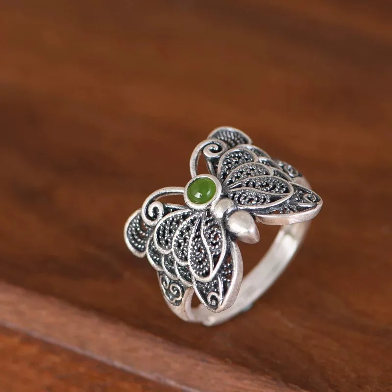 Vintage Relief Lines Butterfly Ring Women Jewelry Ethnic Style Jade Ring For Lady Index Finger Accessories Adjustable