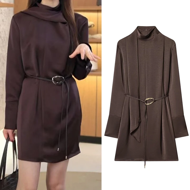 

Women's Satin Dress 2026 New Fashion Spring Long Sleeve Brown Scarf Sash Dress for Women Elegant Chic Personality Ladies Dress