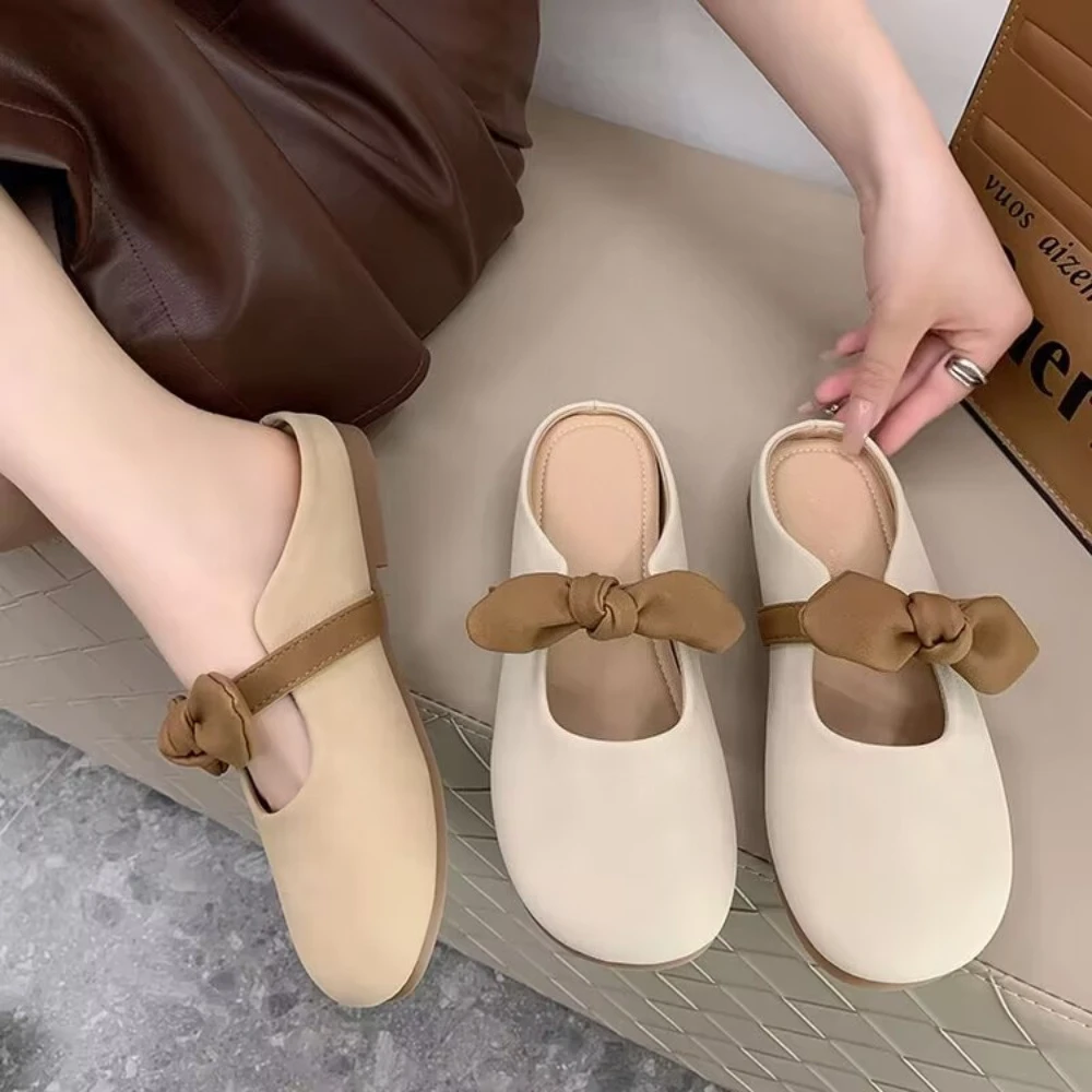 Beige Brown Colorblock Mules Soft Bow Decor Slip On Flat Shoes Comfortable Soft Sole Casual Daily Walking Office Women Shoes