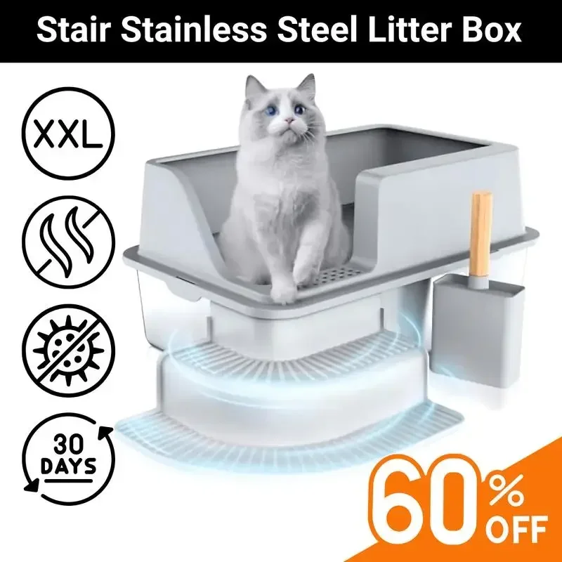 Enclosed Stainless Steel Litter Box, Extra Large Litter Box for Big Cats, High Enclosure and Leak-proof Design