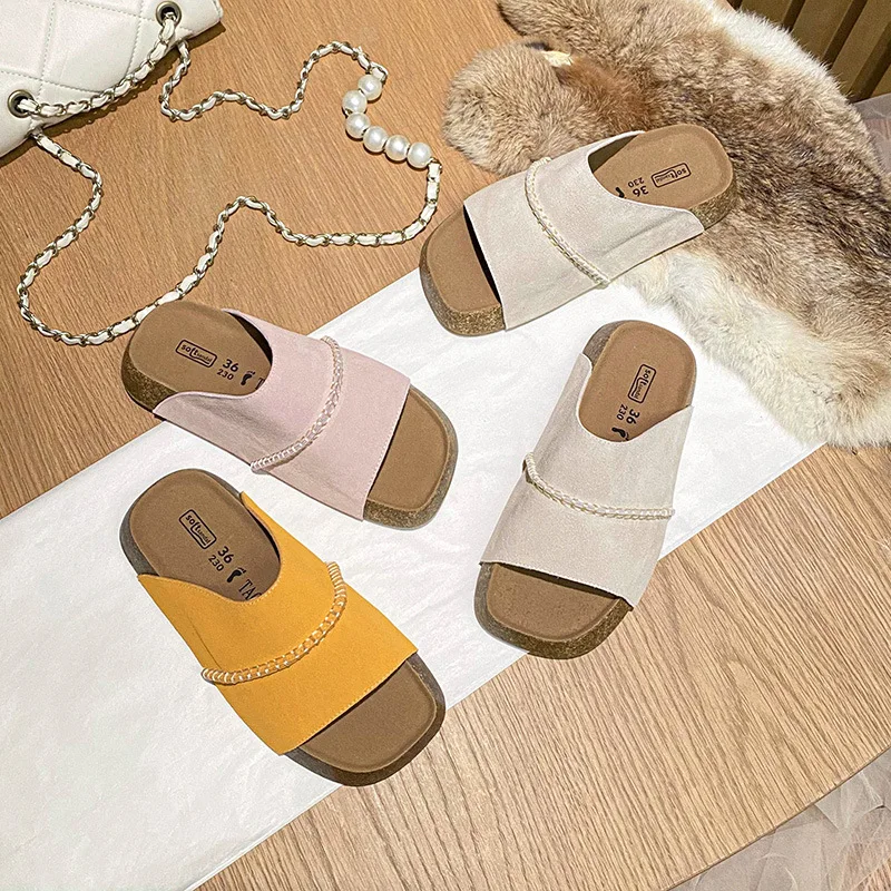 

Vintage Leather Cork Platform Sandals Women Casual Slip On Outdoor Shoes