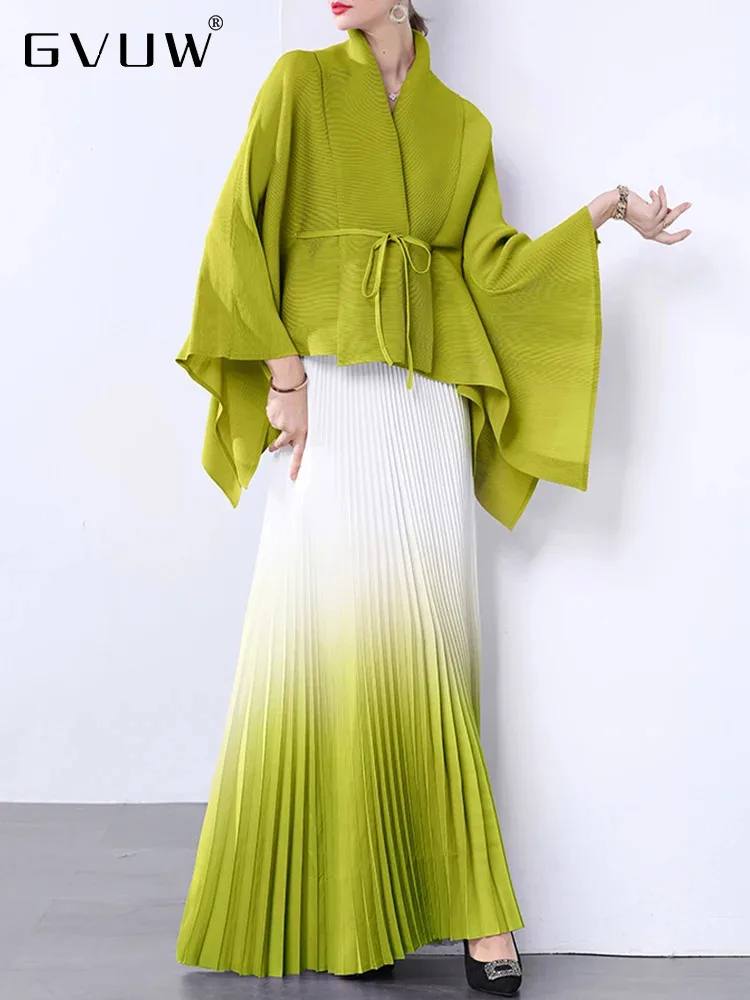 GVUW Pleated 2 Pieces Set Women Lapel Lace-up Coats + Gradient A Line Skirts New 2024 Female Loose Female Clothing 17G8576