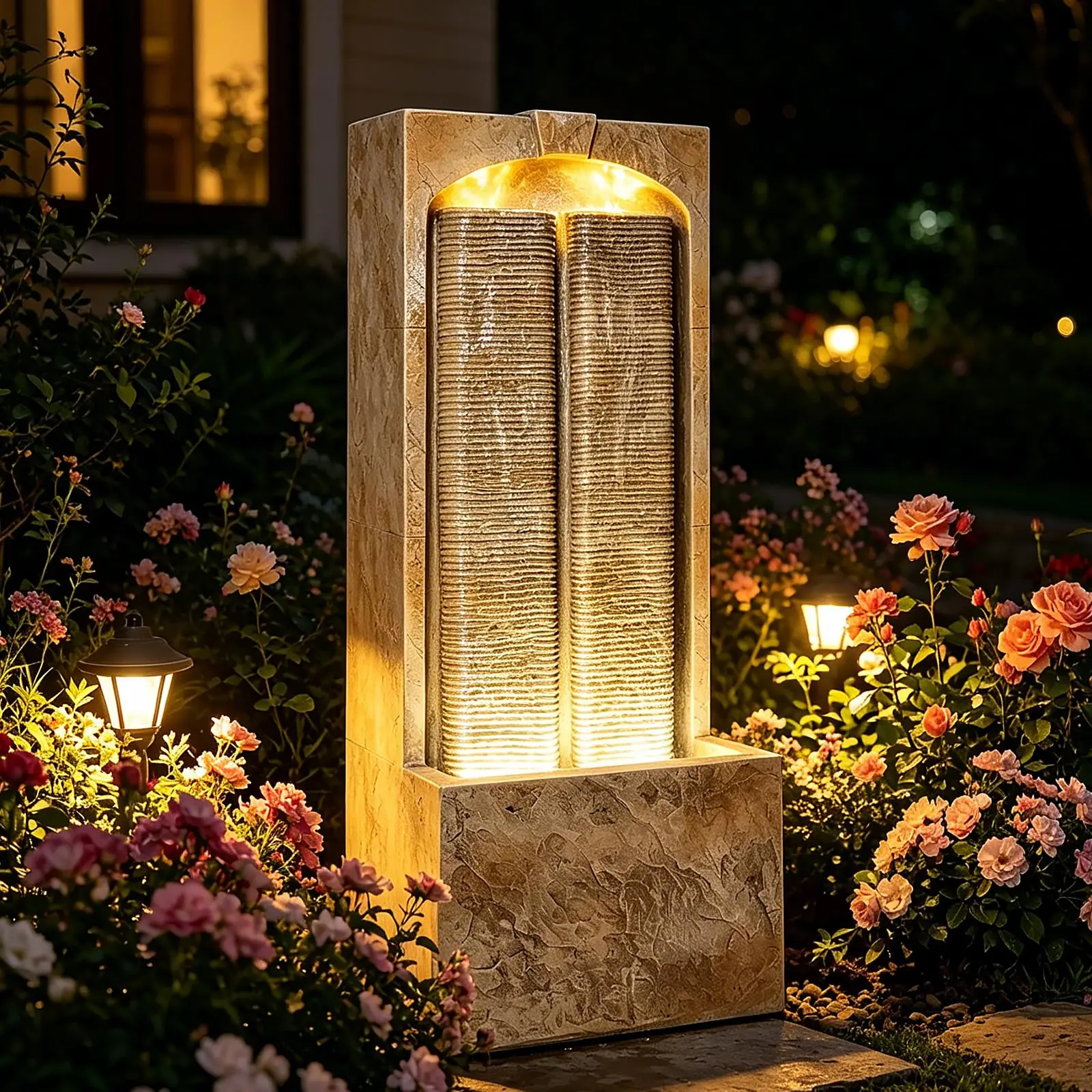 Outdoor Water Fountain 39 Inch Cascading Waterfall Fountain with LED Lights Freestanding Resin Garden Fountain for