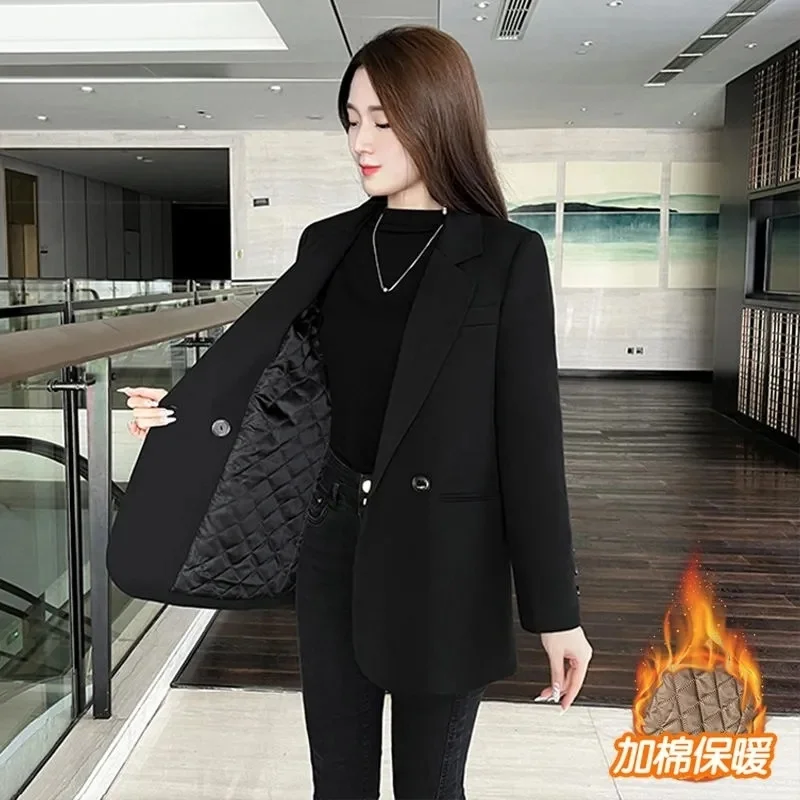 New 2024 Black Coffee Women Suit Jacket Female Blazer Autumn Winter Thick Add Cotton Casual Temperament Keep Warm Outerwear Top