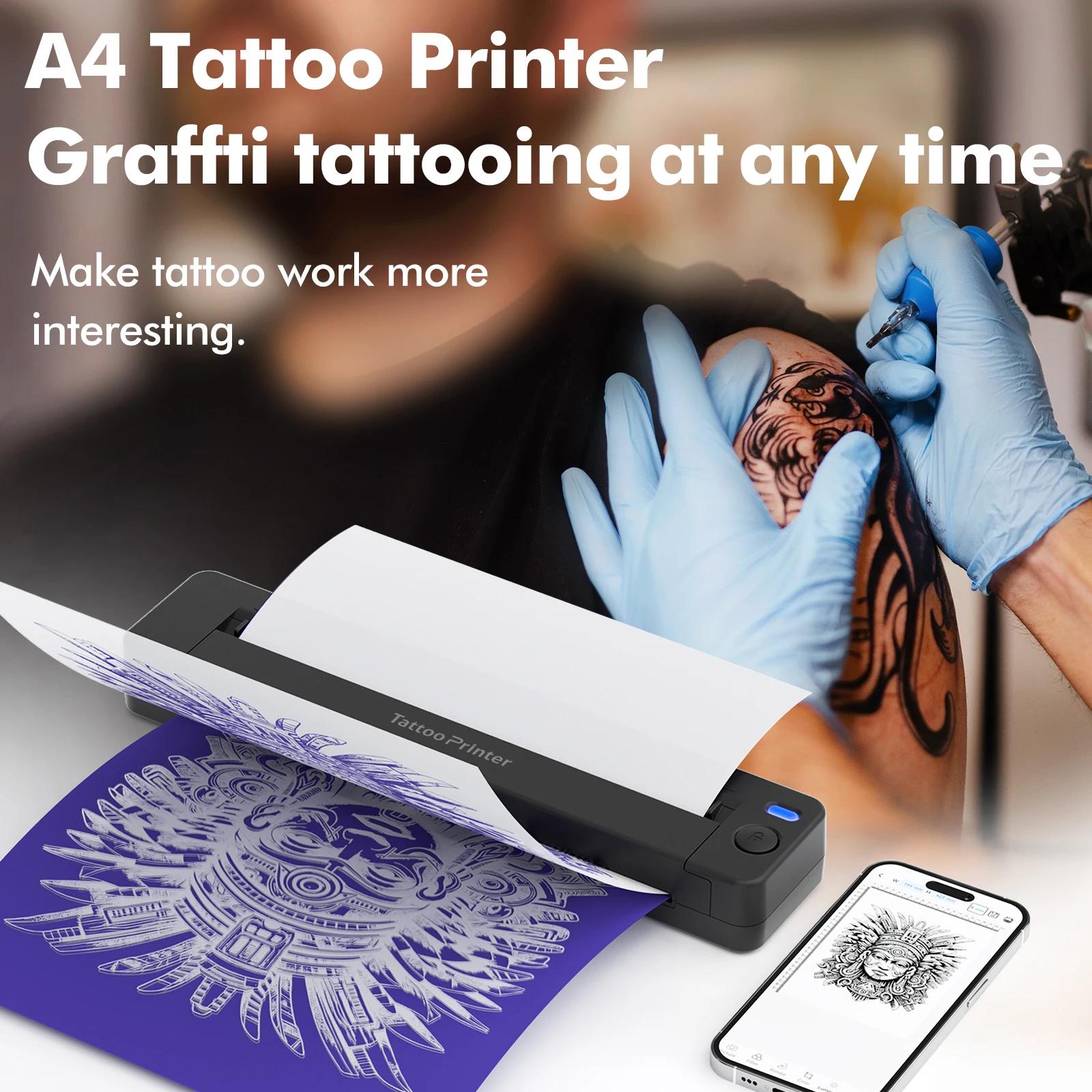 A4 Mini Portable Thermal Printer Multifunctional Tattoo Document Printer Transfer Photo Bluetooth Machine Use SmartPhone iPad PC