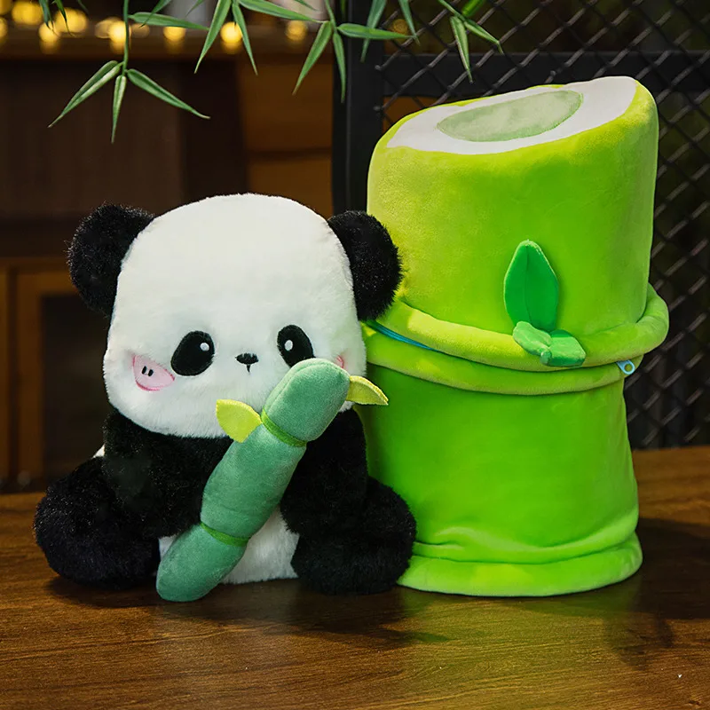 

Cute Funny Bamboo Tube Panda Plush Toy Stuffed Soft Kawaii Panda Holding Bamboo Shoots Plushies Pillow Dolls Kids Girls Gifts