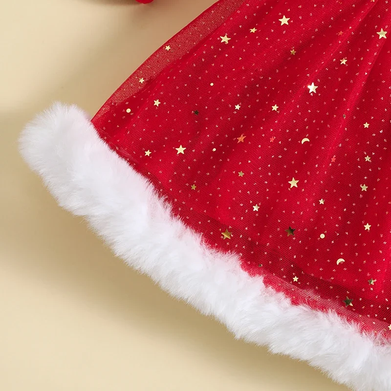 Newborn Baby Girl Christmas Outfit Long Sleeve Santa Claus Red Princess Tulle Dress Infant Christmas Dress