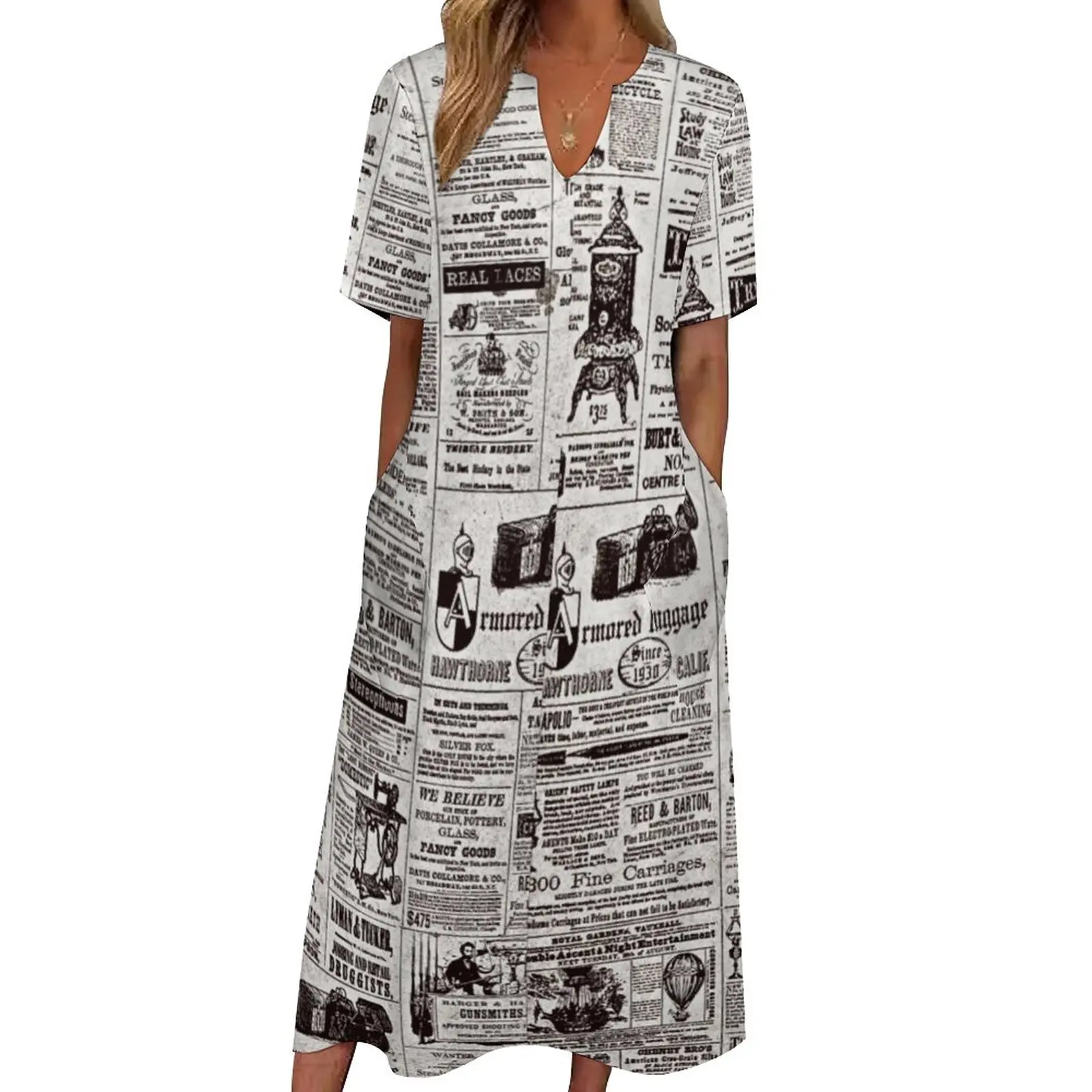 

Texture Newspaper Dress Vintage Print Kawaii Maxi Dress V Neck Pattern Boho Beach Long Dresses Street Style Oversized Clothes