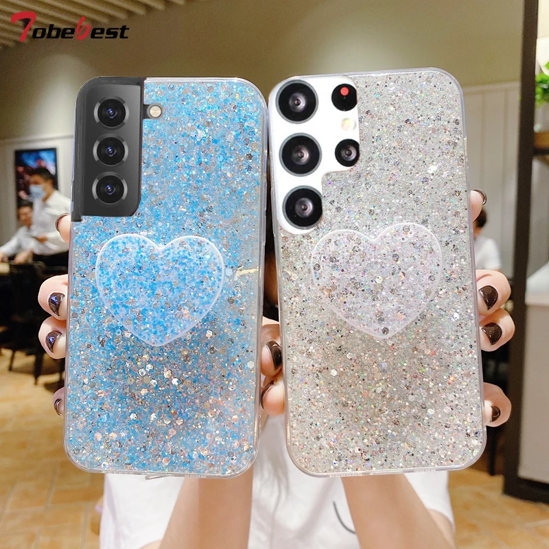 Shiny Glitter Heart Love Phone holder Case For Samsung Galaxy S23 S22 S21 S20 Ultra Plus FE Gold Silver Foil Soft Silicone Cover