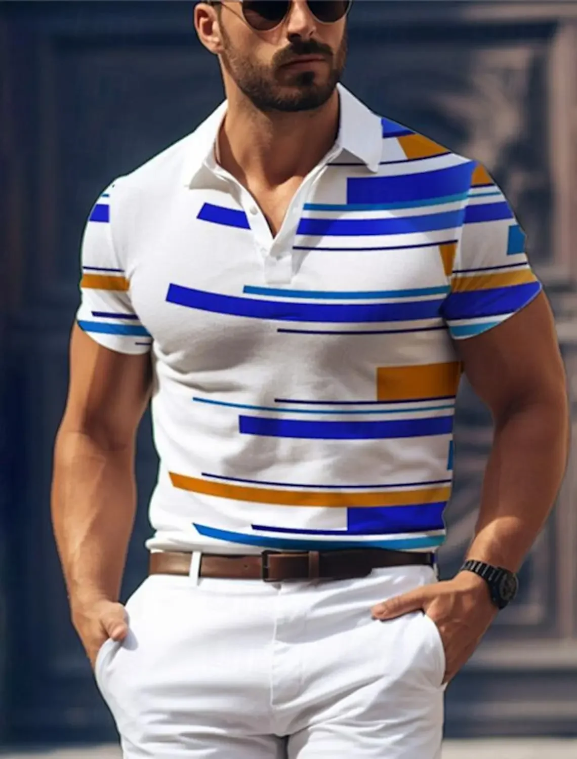

Geometry Men's Business Print 3D Casual Golf Polo Short Sleeve Turndown Polo Shirts Summer Micro-Elastic Lapel Mesh fabric Polo