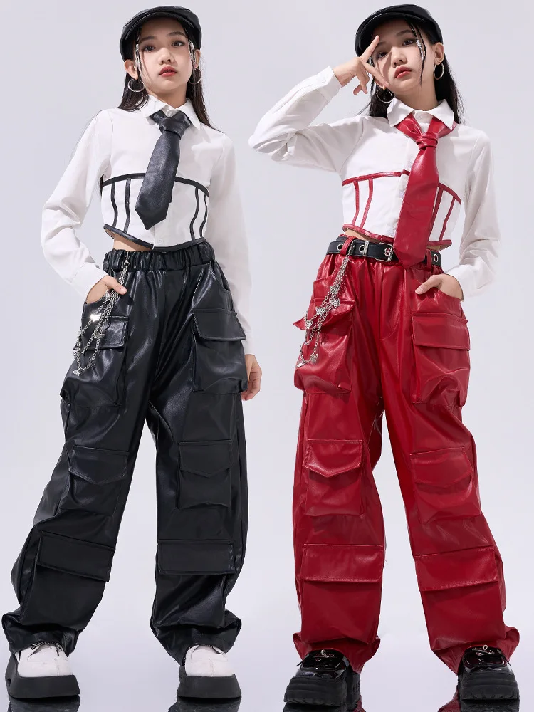 2026 Girls Hip Hop Crop Top Pu Leather Cargo Pants Child School Uniform Costumes Kids Streetwear Jazz K-pop Street Dance Clothes