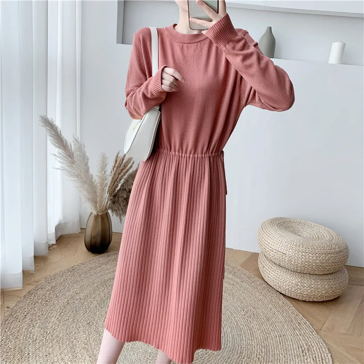 Elegant Long Sleeve Knit Dress Woman Fall 2022 Drawstring Waist Pink Loose Sweater Dresses Vestido Korean Winter Maxi Clothing