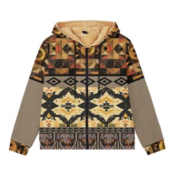 Men's and Women's Thick Wool Hooded Double-layer Jackets with Retro Print, Warm Winter Outerwear for Outdoor Camping