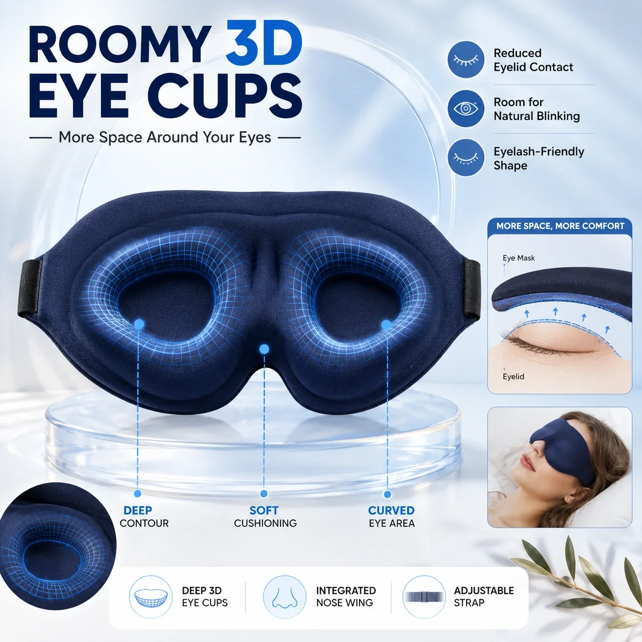 3D Contoured Sleep Eye Mask, Zero Pressure Light Blocking Blindfold for Side Sleepers, Soft Night Eye Shade for Travel Nap