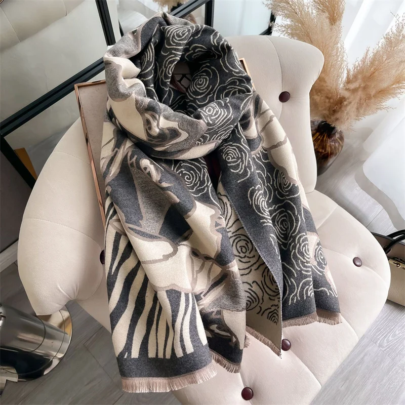 Luxury Cashmere Floral Scarf Winter Women Pashmina Shawls Warm Blanket Wraps Female Foulard Bandana Brand Thick Scarves Hijab