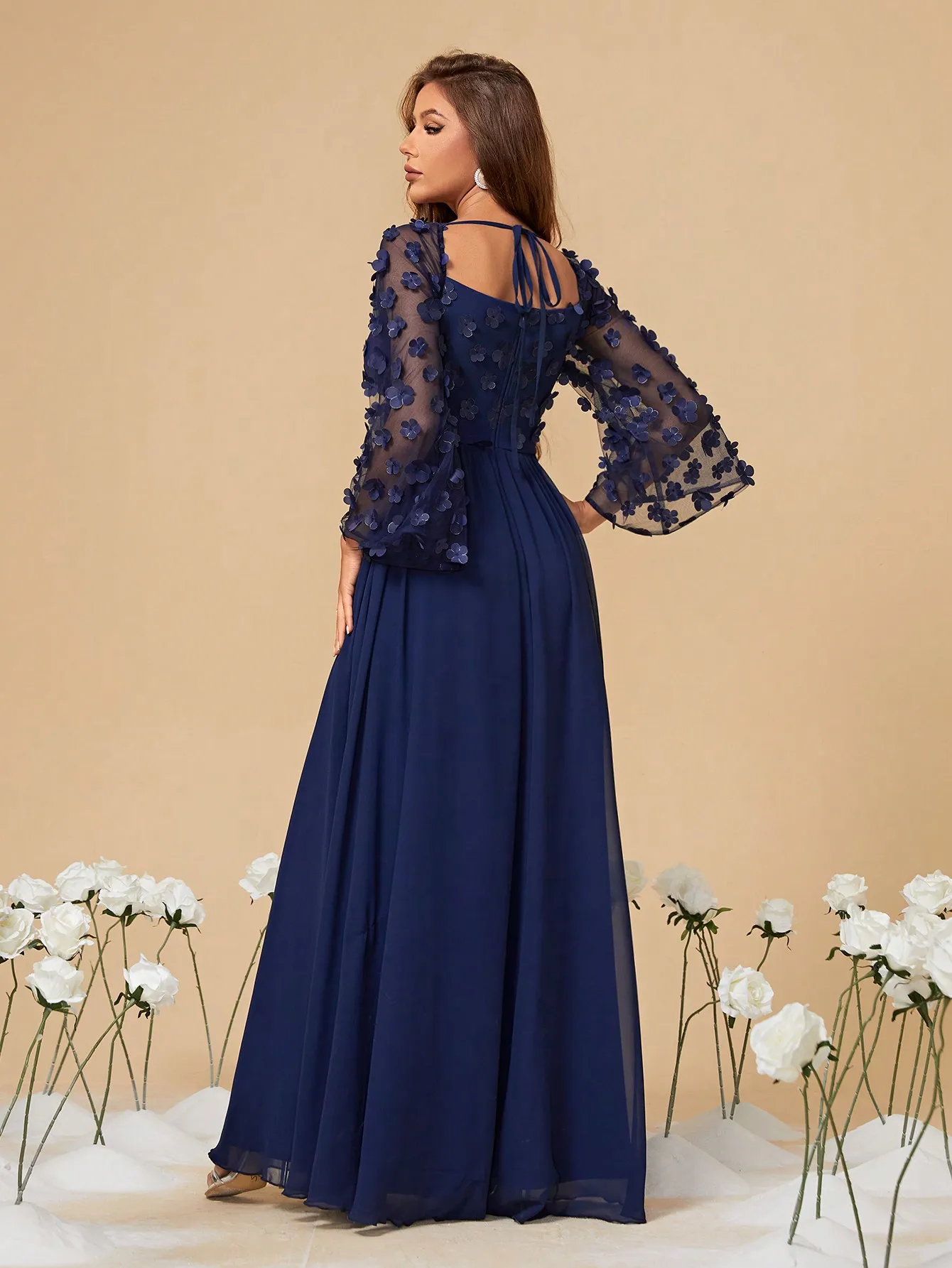 Mgiacy Princess collar long sleeve three-dimensional floral patchwork chiffon A full-length evening gown ball dress Party dress