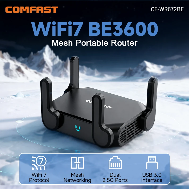 COMFAST BE3600 WiFi7 Tragbarer Mesh-Router Dual 2.5G Port 3570Mbps Dual-Band USB3.0 Typ-C Stromversorgung Gaming WLAN-Router