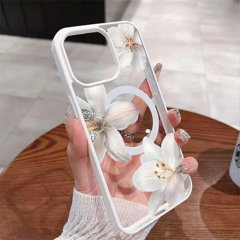 Custodia Magnetica Trasparente White Lily per Ricarica Wireless MagSafe per iPhone 17 Pro Max 16 Plus 15 14 13 12 11 16E 17E 17