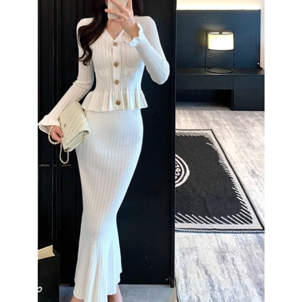 Elegant V-neck Vintage Long Sleeve Chic Ruffle Knit Cardigan Slim High Waist Skirt French Evening High Street Autumn Winter Sets