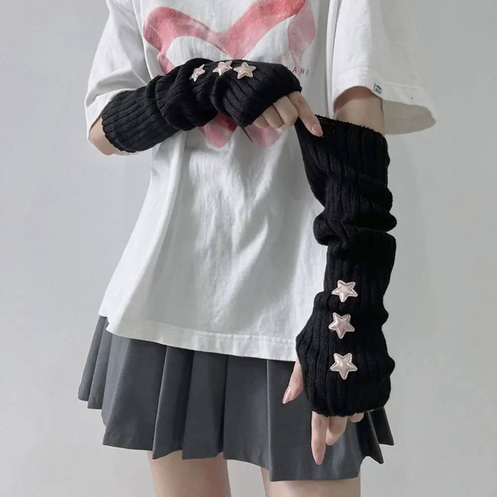 Simple Solid Color Star Knitted Gloves Gothic Y2k Arm Warmers Long Hand Sleeve Fingerless Gloves Streetwear