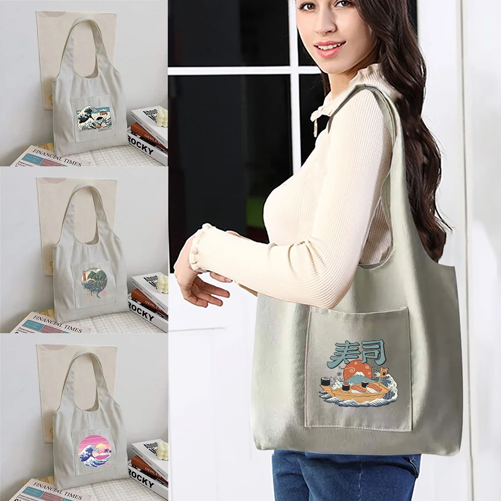 Shopping Bag Foldable Fashion Student Canvas Shoulder Bag Wave Printed Ladies Shopper Bag Travel Tote Work Handbag Organizer