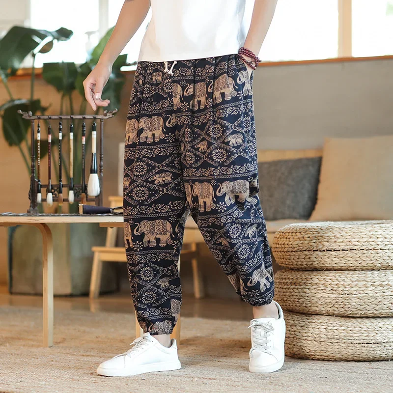 Męskie spodnie haremowe z nadrukiem 2023, nowe bawełniane lniane spodnie ze sznurkiem Streetwear Hip Hop Fitting Jogging Loose Casual Wide Leg Pants