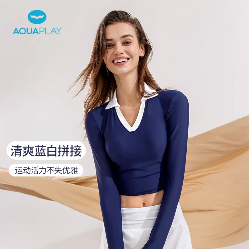 

AquaPlay Navy Blue Long Sleeve Sun Protection Clothing Summer Women Sports Swimsuit Fitness UPF50+ Rash Guard Surf Slimming Suit