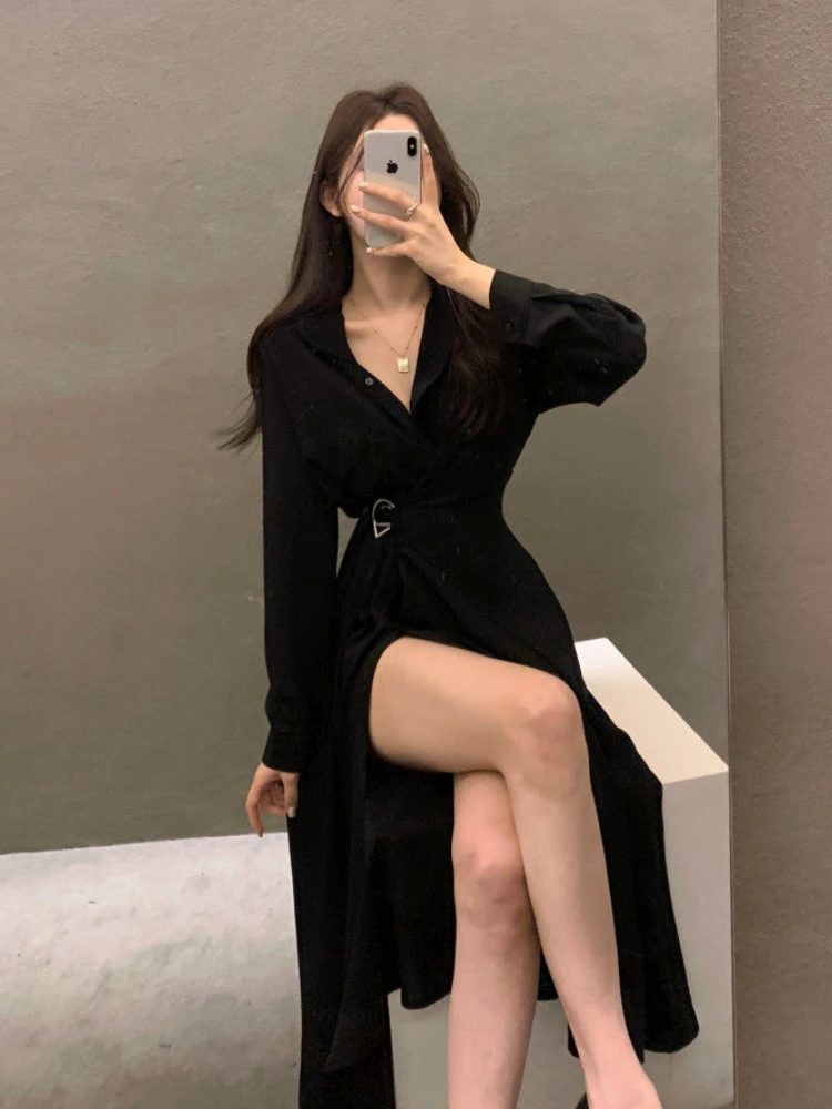 Dresses Women Midi Temperament Mature Office Ladies Long Sleeve Korean Style Fashion Casual Loose Tender Chic Ulzzang Streetwear