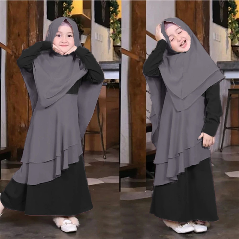 2PCS Muslim Kids Girsl Hijab Dress Ramadan Khimar Burqa Islamic Children Outfits Arabic Robe Headscarf Robe Abaya Eid Kaftan Set