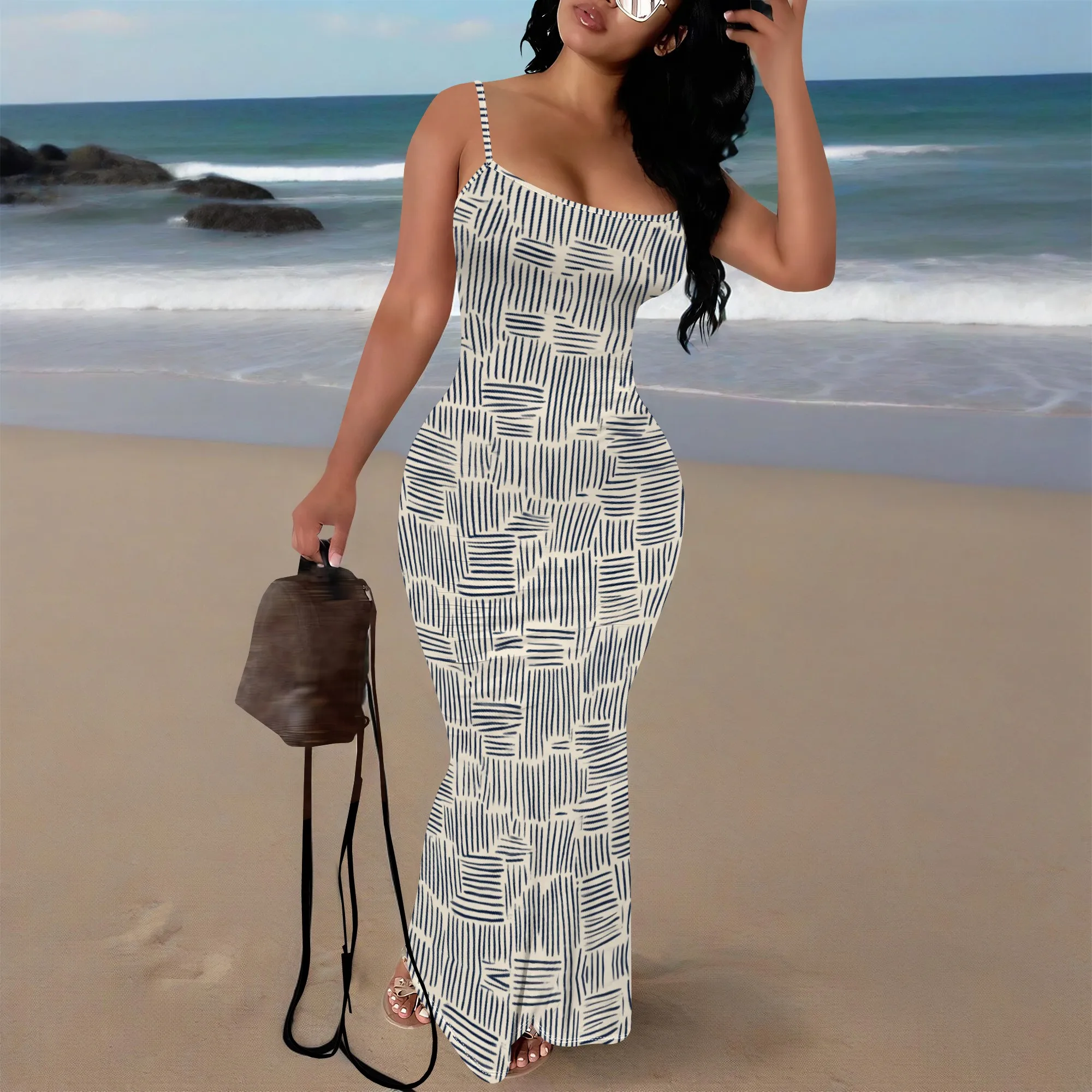 

Women's Summer Bodycon Maxi Dress Spaghetti Strap Abstract Print Slim Fit Long Dress XS-3XL