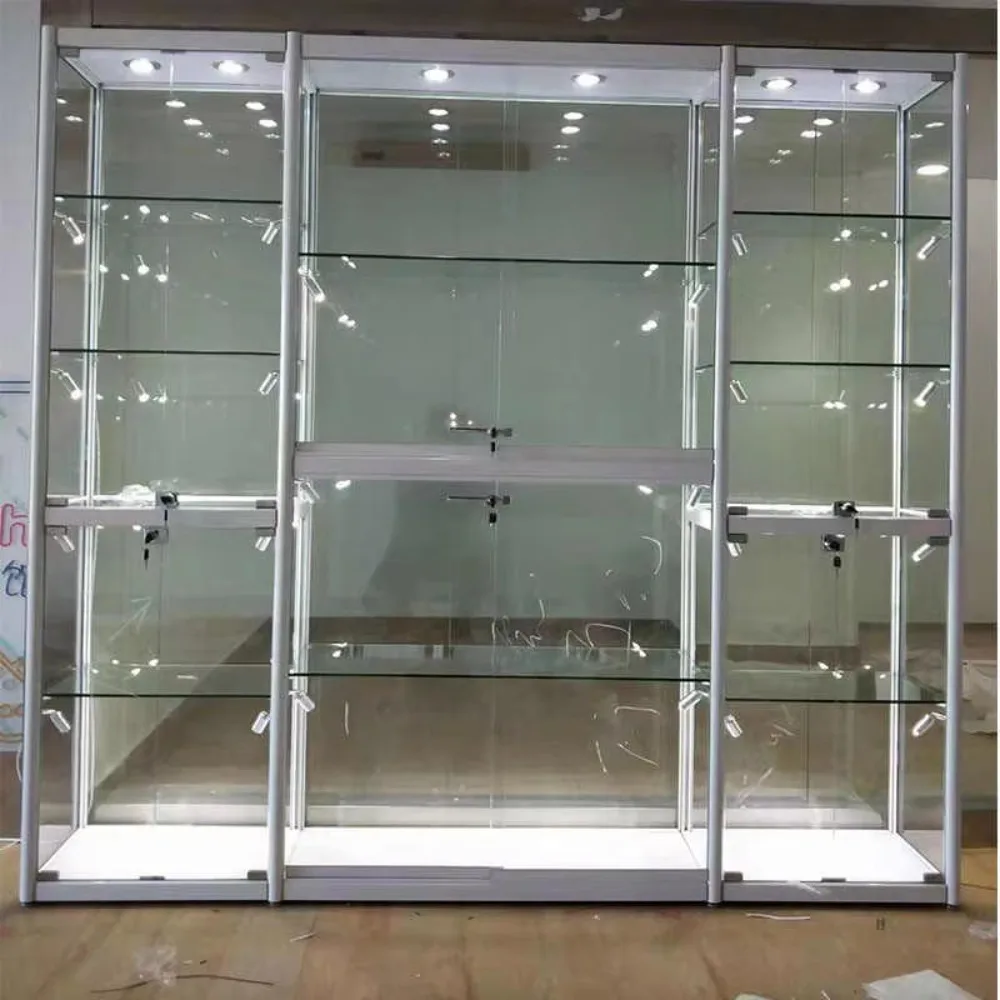 LED Illuminated Retail Store Showcase Tempered Glass Display Cabinet Lights Lockable Opening Door for Effective Product Display