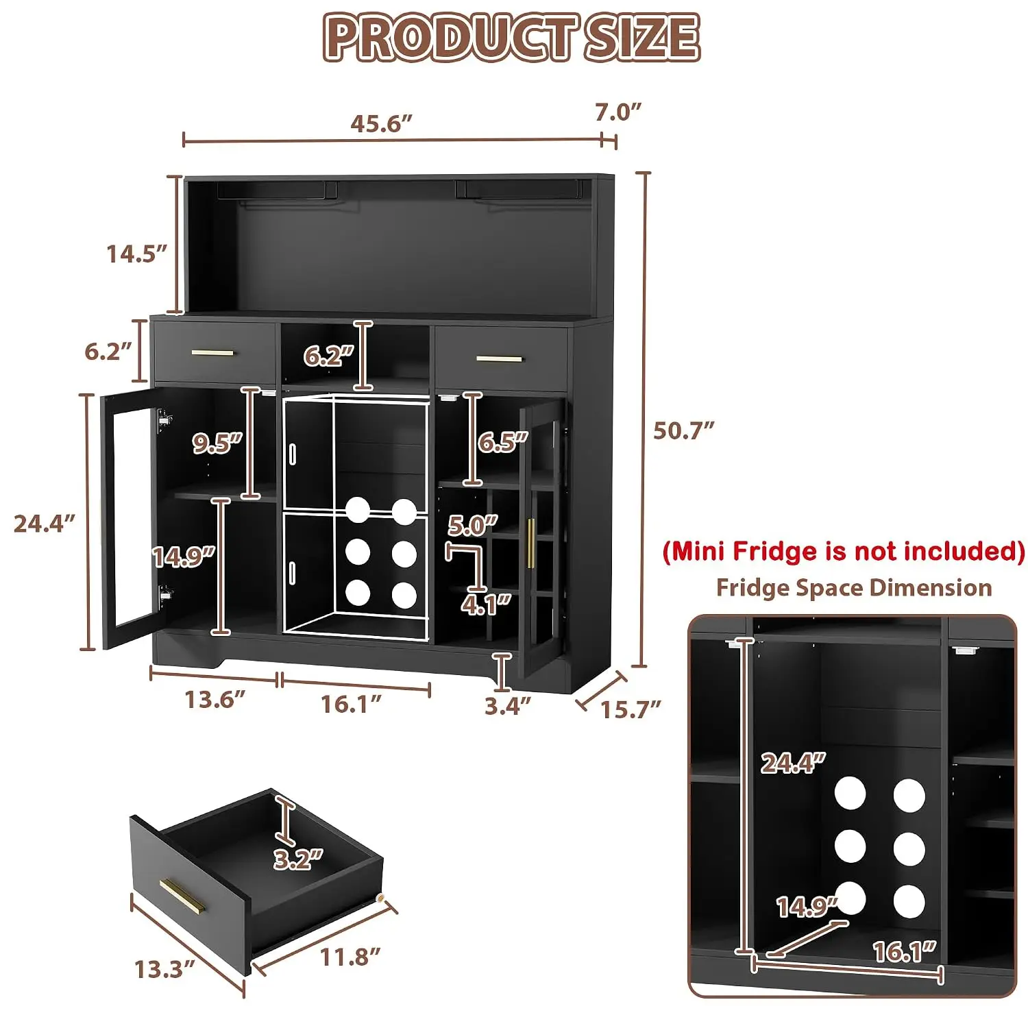 Wine Bar Cabinet Mini Fridge Space Power Outlet LED Light Coffee Bar Storage Buffet Kitchen Dining Living Room, Customized