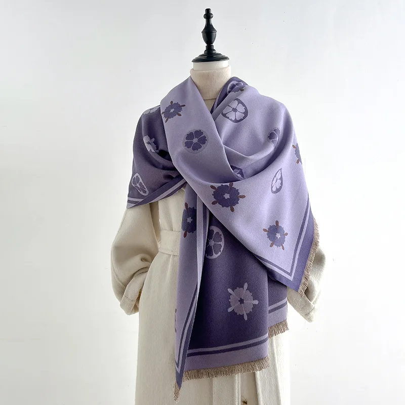 Scarf Women Floral Fruit Jacquard Shawl Wrap Imitation Cashmere Warm Tassel Long Scarves Autumn Winter Daily Commute Travel