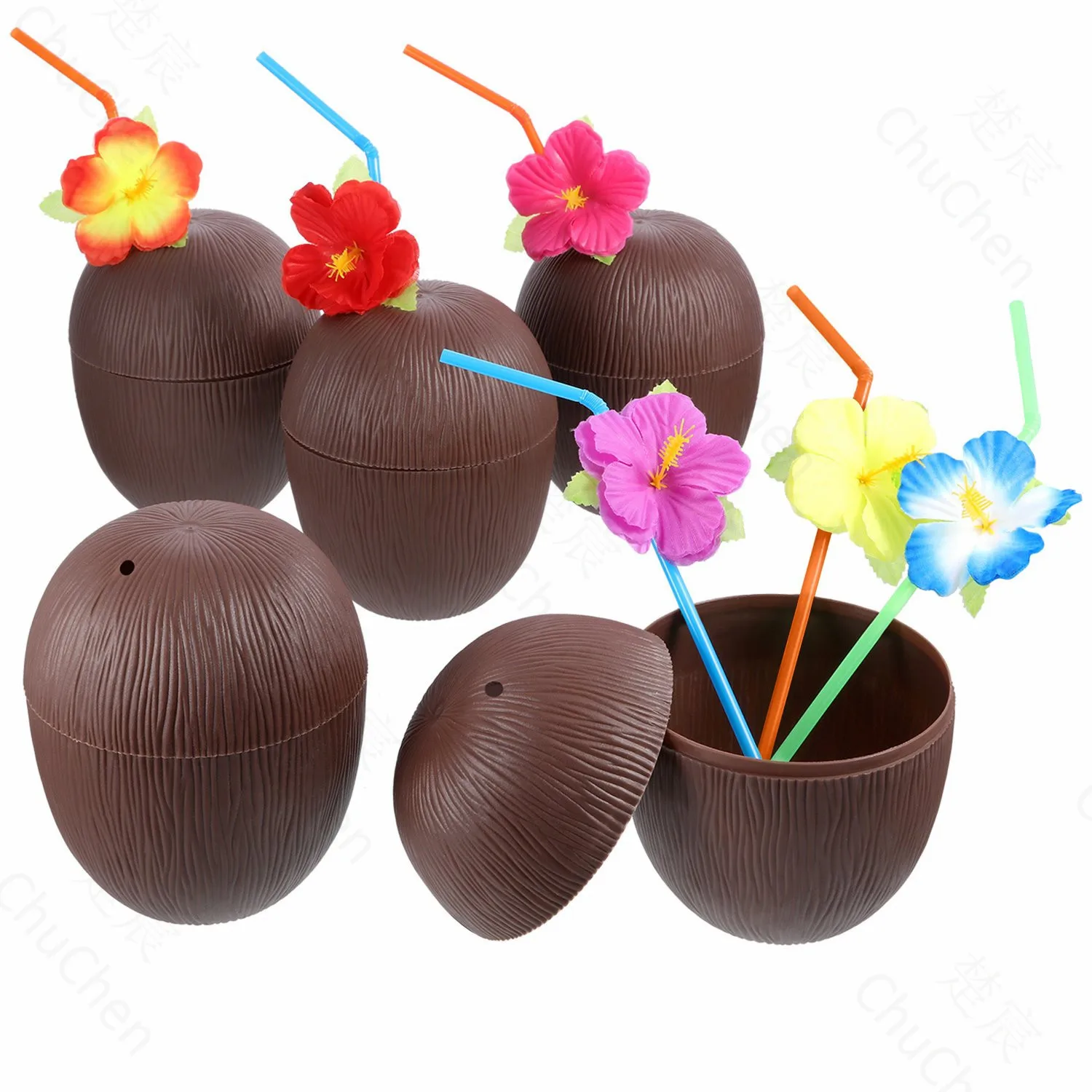 6Pcs Coconut Cups with Hibiscus Flower Straws Hawaiian Beach Theme Party Plastic Cups Summer Photography Props for Kids Adults